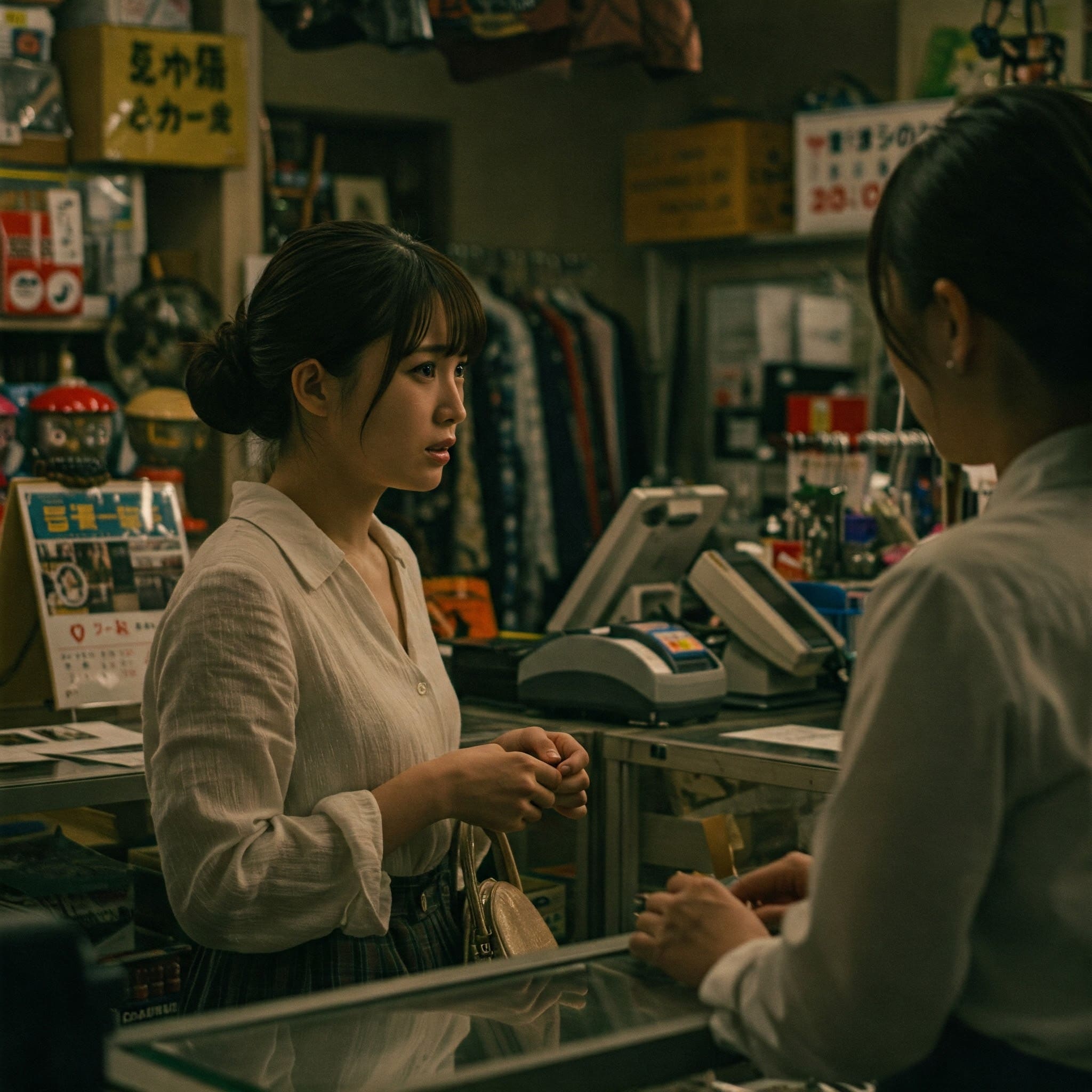 困惑した表情の顧客と、少し威圧的な雰囲気の店員が対峙している様子。