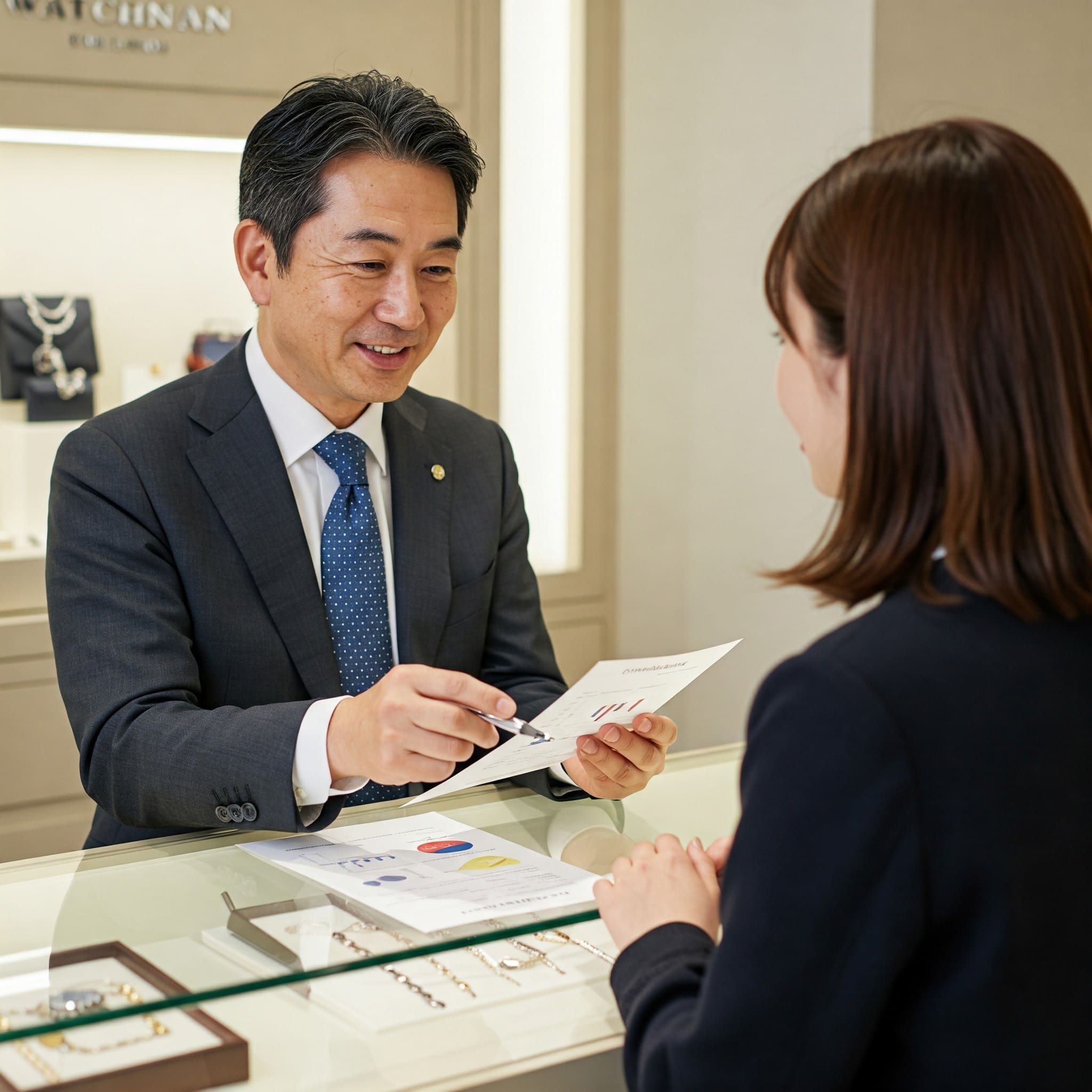 ウォッチニアン買取専門店のカウンターで、鑑定士が査定額の根拠を顧客に丁寧に説明し、顧客は納得した表情。