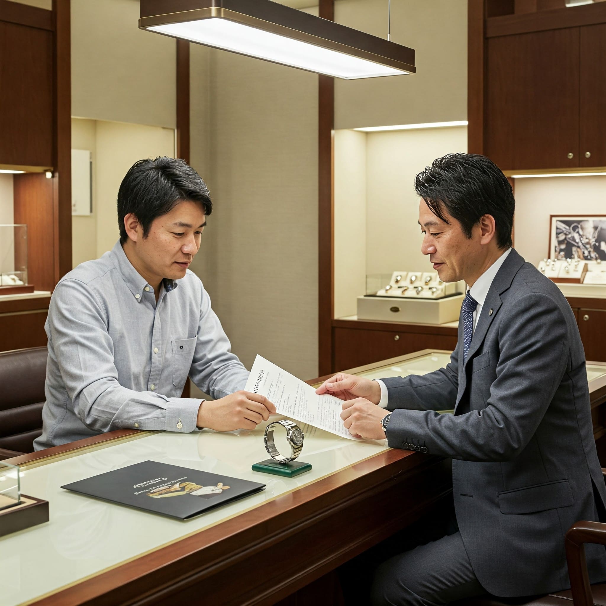 買取店の査定ブースで、顧客と鑑定士が査定額について真剣かつ穏やかに話している様子(交渉中)。
